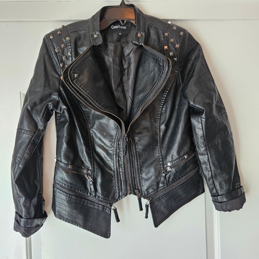 Chouyatou Black Faux Leather Studded Moto Biker Jacket Womens Medium Goth Punk